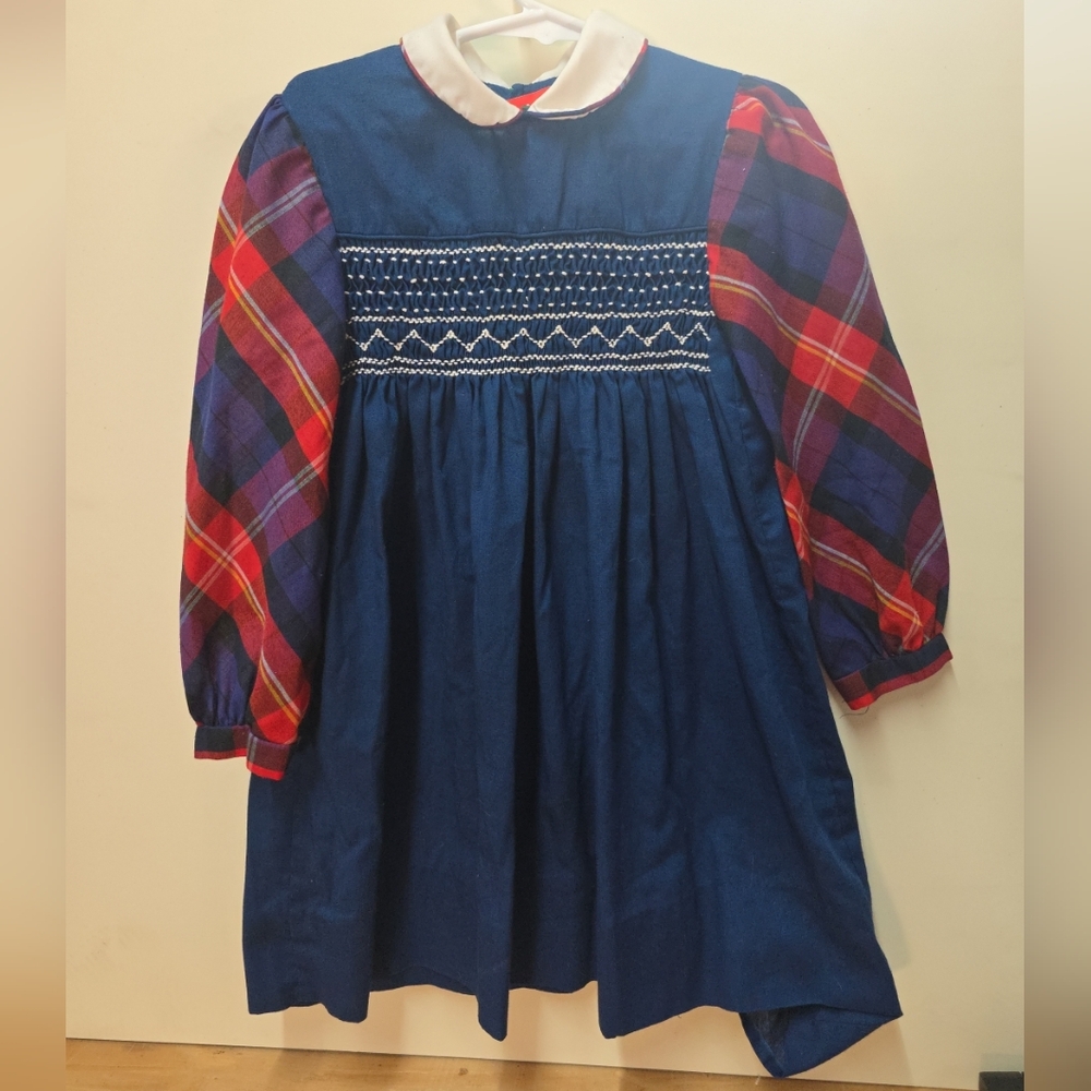 Charming Vintage Polly Flinders Smocked Blue Kids Dress with Plaid Sleeves